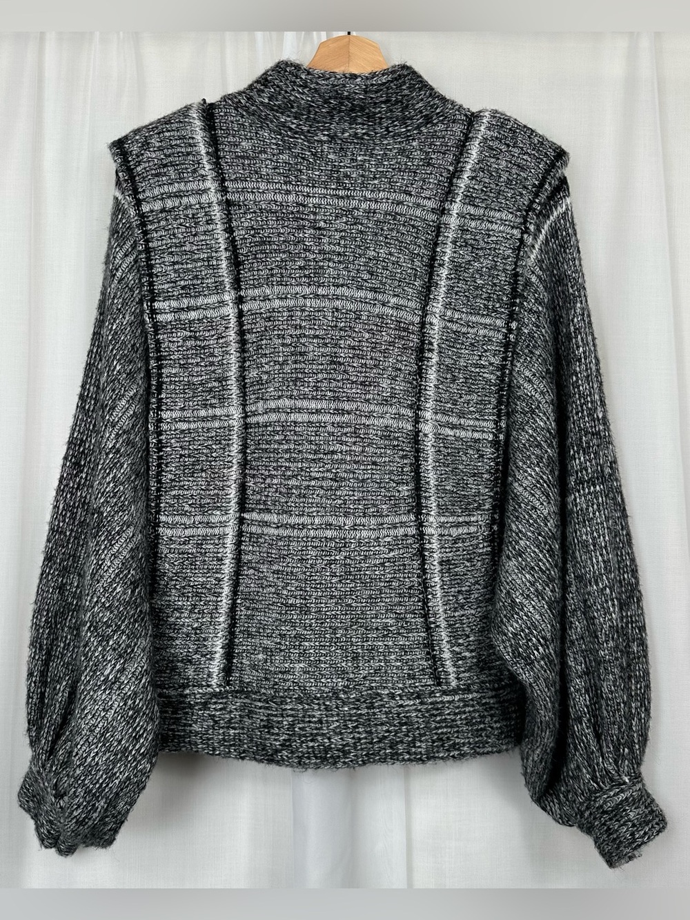 POL Clothing Chunky Knit Windowpane Cardigan Puff Sleeve Sweater Wool Blend S - Picture 3 of 13